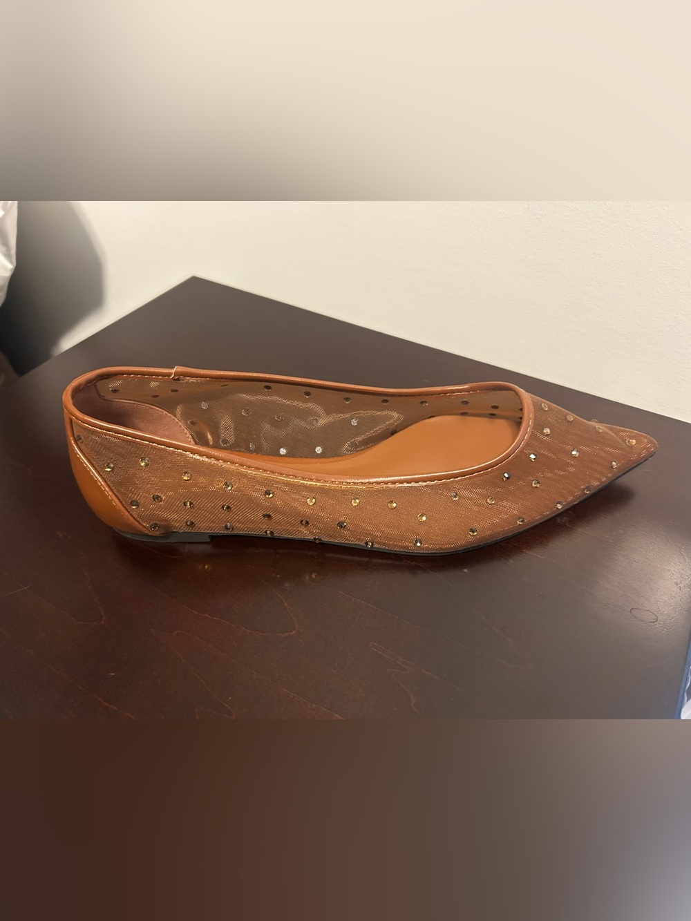 Brown mesh Studded Pointed-Toe Flat Shoes